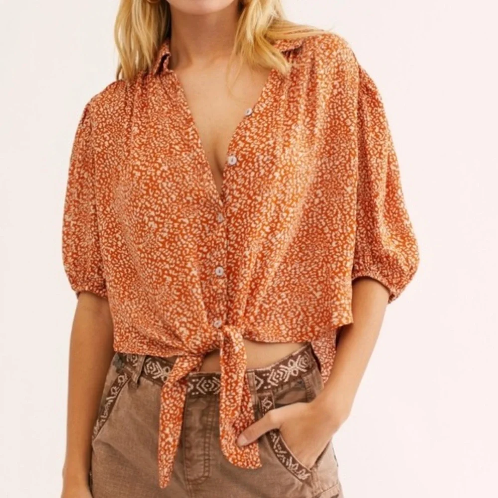 Free People Womens Small Orange Celia Button-Up Top With Front Tie - Picture 1 of 5
